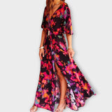 Sabine - Elegantes Wickel-Maxikleid mit Fließendem Schnitt – Schwarz-Rosa