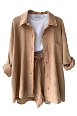 VICTORIA | ZWEITEILIGES HEMD-SHORTS-SET – Beige