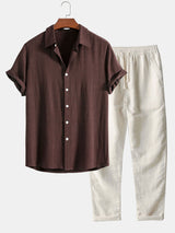Button-Up Hemd und gerade geschnittene Hose aus Leinen-Rayon-Mischung – Kaffee