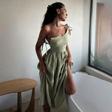 Damenkleid aus Leinen mit Knopfleiste und lockerem Schnitt für den Sommer – Grün
