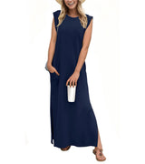 Romaisa | Lässiges langes Kleid mit Schlitz und bügelfrei – Marineblau