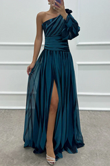 Vanessa | Einschulter Gestreift Maxikleid – Marineblau