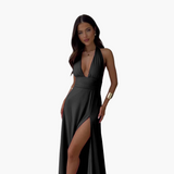 Maxikleid mit Schlitz & Neckholder - Damen Abendmode – Schwarz