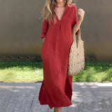 Leeann - Sommerliches Maxikleid mit luftigem V-Ausschnitt – Rot