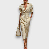 Marivelle – Gestreiftes Midi-Kleid mit Kragen – Khaki