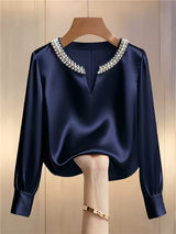 Avinaya - Elegantes Langarm Hemd Mit Rundhalsausschnitt Und Perlenverzierung – Marineblau