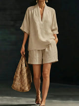 Silvani - Lässiges Set Aus Baumwoll Top Mit V-ausschnitt Und Shorts – Khaki