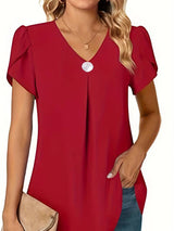 Thilakshi - Kurzärmelige Bluse Mit Rüschen Und Einem Knopf – Rot