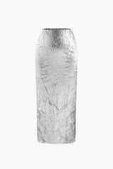 Elfriede | Glänzender Metallic-Midirock mit Crinkle-Effekt und elastischem Bund – Silber