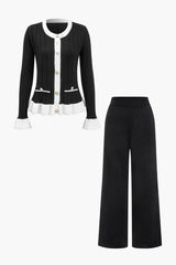 Liliana | Elegantes Zweiteiler-Set mit Strickjacke & Wide-Leg-Hose – Schwarz