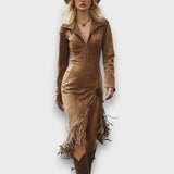 Malvera – Midi-Kleid im Western-Stil – Hellbraun