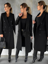 Gadie Bella Eleganter zweireihiger Wollmantel in langer Form – Schwarz