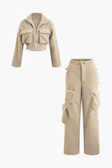 Misha | Teddy-Zweiteiler mit Cargohose & Cropped-Jacke – Beige