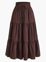 Damenrock mit Smockbund Eleganter Alltagsstil Midi Volantrock – Braun