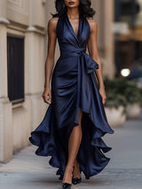 Denira - Schimmerndes drapiertes Wickelkleid – Marineblau