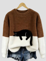 Luna | Damenpullover mit Katzenmotiv – Braun