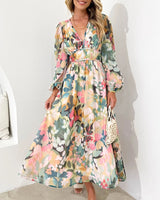 Damen Maxikleid aus Viskose mit Blumenmuster und V-Ausschnitt – Grün