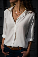 Damen nan lässige Viskose-Chiffon Bluse mit V-Ausschnitt und Umschlagärmeln Drune – Weiß