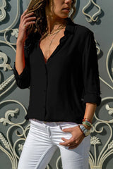 Damen nan lässige Viskose-Chiffon Bluse mit V-Ausschnitt und Umschlagärmeln Drune – Schwarz