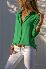 Damen nan lässige Viskose-Chiffon Bluse mit V-Ausschnitt und Umschlagärmeln Drune – Grün