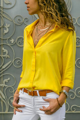 Damen nan lässige Viskose-Chiffon Bluse mit V-Ausschnitt und Umschlagärmeln Drune – Gelb