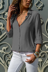 Damen nan lässige Viskose-Chiffon Bluse mit V-Ausschnitt und Umschlagärmeln Drune – Grau