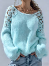 Dobrina – Ausgehöhlter Spitzen Pullover Mit Schulterfreiem Ausschnitt – Blau