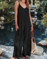 Damen Ärmelloser Gerippter Jumpsuit | Weites Bein – Schwarz