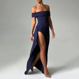 Selena - Langes Kleid mit Schulterschlitz und taillierter Form – Marineblau