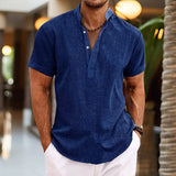 Mateo - Hemd mit Mandarinkragen und leichter Textur und Stil – Dunkelblau