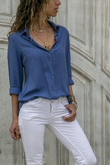 Damen nan lässige Viskose-Chiffon Bluse mit V-Ausschnitt und Umschlagärmeln Drune – Blau