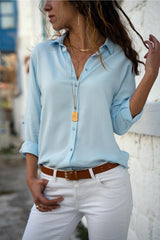 Damen nan lässige Viskose-Chiffon Bluse mit V-Ausschnitt und Umschlagärmeln Drune – Hellblau