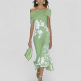 ISABRUNEL - Off-Shoulder Floral Midi Kleid mit Rüschensaum – Grün