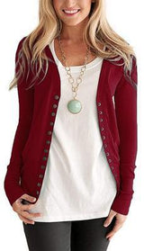 Damen nan Feinstrick-Cardigan mit dekorativen Metallknöpfen und schmaler Silhouette Drune – Weinrot