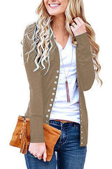 Damen nan Feinstrick-Cardigan mit dekorativen Metallknöpfen und schmaler Silhouette Drune – Khaki