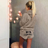 Damen nan kuscheliges zweiteiliges Lounge-Set mit Kapuzenpullover und Shorts mit MEOW-Stickerei Drune – Khaki