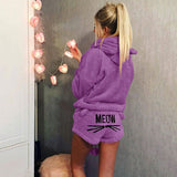 Damen nan kuscheliges zweiteiliges Lounge-Set mit Kapuzenpullover und Shorts mit MEOW-Stickerei Drune – Violett