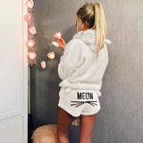 Damen nan kuscheliges zweiteiliges Lounge-Set mit Kapuzenpullover und Shorts mit MEOW-Stickerei Drune – Cremeweiß