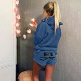Damen nan kuscheliges zweiteiliges Lounge-Set mit Kapuzenpullover und Shorts mit MEOW-Stickerei Drune – Dunkelblau