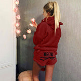 Damen nan kuscheliges zweiteiliges Lounge-Set mit Kapuzenpullover und Shorts mit MEOW-Stickerei Drune – Weinrot