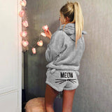 Damen nan kuscheliges zweiteiliges Lounge-Set mit Kapuzenpullover und Shorts mit MEOW-Stickerei Drune – Grau