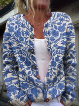 Damen Strickjacke mit Blumenmuster | Rundhalsausschnitt – Blau