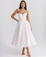 Paula | Duchesse-Satin Midikleid Mit Corsage – Weiß
