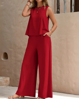 Damen Ärmelloses Freizeit Zweiteiler Set | Weite Hose – Rot