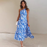 Marina - Maxikleid mit Blumenmuster und einer Schulter – Saphirblau