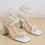 Sommer Absatzsandalen Damen – Elegante Schnürsandalen mit Blockabsatz – Weiß