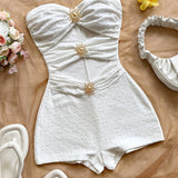 Damen Baddräkt Retro Bandeau Leopardenmuster mit Ausschnitten und Dekorativen Schnallen – Perfekt für Strand und Pool – Elfenbein