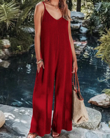 Damen Ärmelloser Gerippter Jumpsuit | Weites Bein – Weinrot