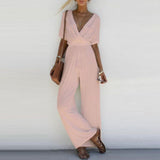 Bianca - Weißer Jumpsuit mit überkreuztem Ausschnitt und weitem Bein – Rosa