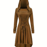 Damen Halloween-Kleid mit Kapuze | Schnürung & Asymmetrischer Saum – Kaffeefarbe